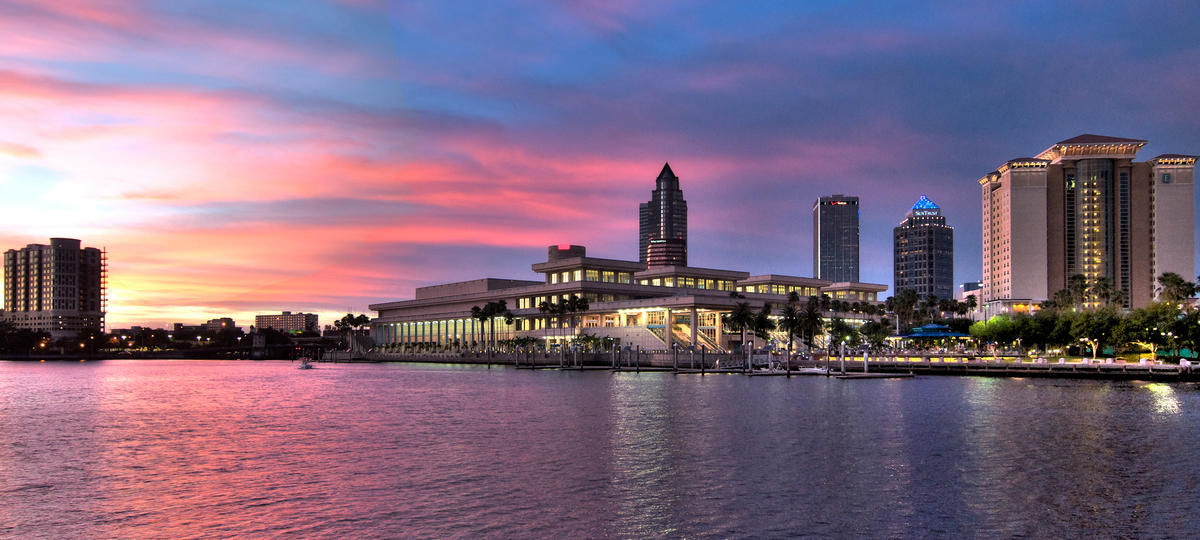 Sunset view of Tampa Convention Center and waterfront