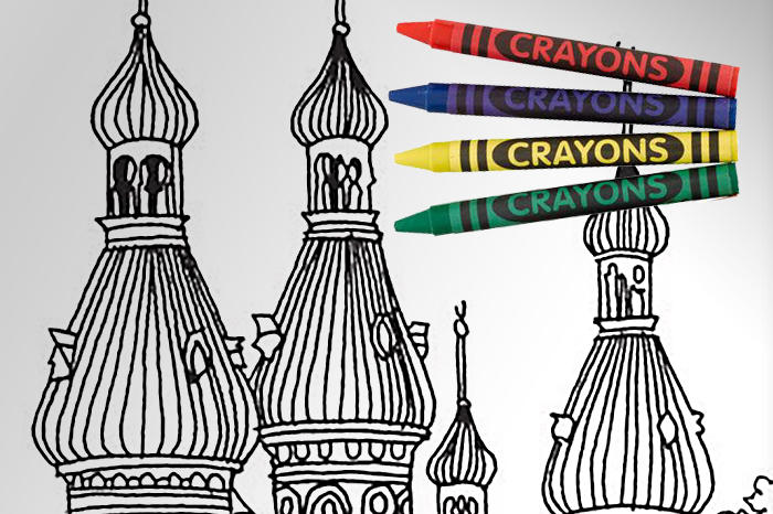 University of Tampa minarets in coloring book with crayons on top